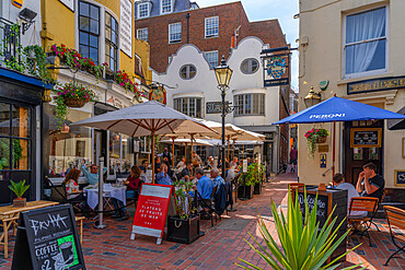 View of restaurants and cafes in The Lanes, Brighton, Sussex, England, United Kingdom, Europe