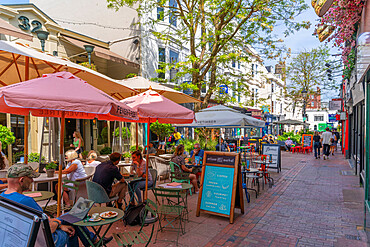 View of restaurants and cafes in The Lanes, Brighton, Sussex, England, United Kingdom, Europe