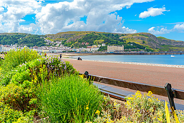 View of Llandudno Pier and the Great Orme in background from Promenade, Llandudno, Conwy County, North Wales, United Kingdom, Europe