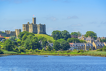 View of Warkworth Castle and River Coquet, Warkworth, Northumberland, England, United Kingdom, Europe