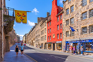 View of shops on the Golden Mile, Canongate, Edinburgh, Scotland, United Kingdom, Europe