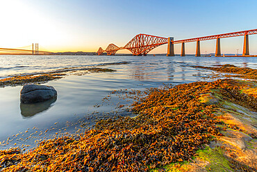 View of the Forth Road Bridge, Queensferry Crossing and Forth Rail Bridge, UNESCO World Heritage Site, over the Firth of Forth at sunset, South Queensferry, Edinburgh, Lothian, Scotland, United Kingdom, Europe