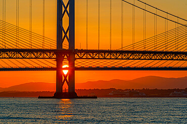 View of the Forth Road Bridge and Queensferry Crossing over the Firth of Forth at sunset, South Queensferry, Edinburgh, Lothian, Scotland, United Kingdom, Europe