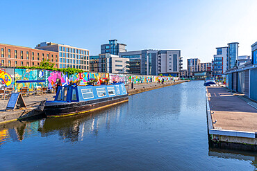 View of Edinburgh Quay and the Lochrin Basin, cafe boat on The Union Canal, Edinburgh, Lothian, Scotland, United Kingdom, Europe