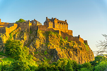 View of Edinburgh Castle from Princes Street at sunset, UNESCO World Heritage Site, Edinburgh, Scotland, United Kingdom, Europe