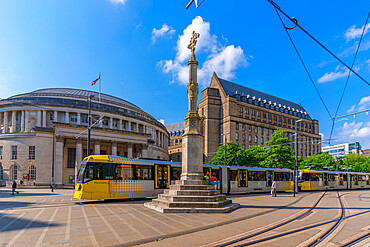 View of tram passing Central Library and monument in St. Peter's Square, Manchester, Lancashire, England, United Kingdom, Europe