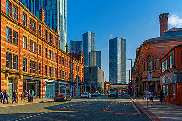 View of contemporary and traditional architecture on Deansgate, Manchester, England, United Kingdom, Europe