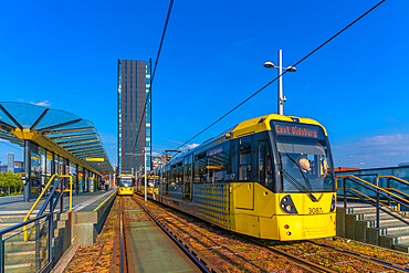 View of city tram at Deansgate-Castleford station, Manchester, England, United Kingdom, Europe