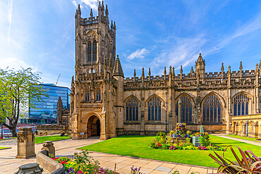 View of Manchester Cathedral from Cathedral Yard, Manchester, Lancashire, England, United Kingdom, Europe