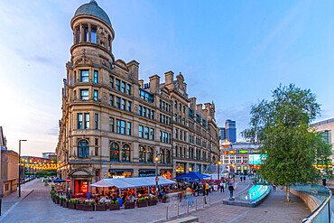 View of The Corn Exchange in Exchange Square at dusk, Manchester, Lancashire, England, United Kingdom, Europe