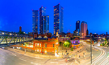 View of Deansgate Station and city skyline at dusk, Manchester, Lancashire, England, United Kingdom, Europe