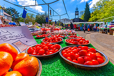 View of fruit market stall in Hall Leys Park in Matlock Town, Derbyshire, England, United Kingdom, Europe