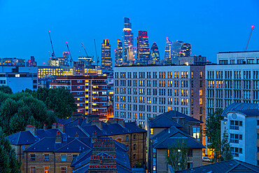 View of London skyline and City of London from Waterloo at dusk, Waterloo, London, England, United Kingdom, Europe