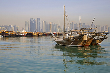 Harbour boats and West Bay Central Financial District from East Bay District, Doha, Qatar, Middle East