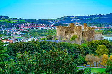 Elevated view of Conwy Castle, UNESCO World Heritage Site, and Conwy River visible in background, Conwy, Gwynedd, North Wales, United Kingdom, Europe