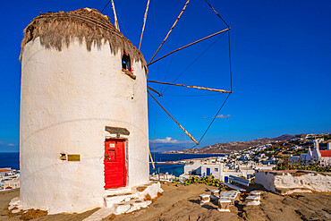 View of whitewashed windmill overlooking town, Mykonos Town, Mykonos, Cyclades Islands, Greek Islands, Aegean Sea, Greece, Europe