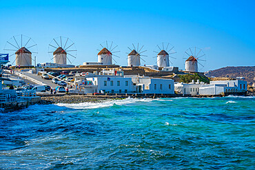 View of the windmills in Mykonos Town, Mykonos, Cyclades Islands, Greek Islands, Aegean Sea, Greece, Europe