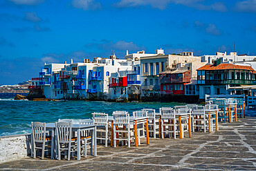 View of Little Venice and restaurant tables in Mykonos Town, Mykonos, Cyclades Islands, Greek Islands, Aegean Sea, Greece, Europe