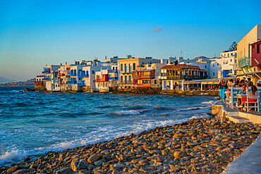 View of Little Venice in Mykonos Town at sunset, Mykonos, Cyclades Islands, Greek Islands, Aegean Sea, Greece, Europe