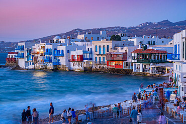 View of Little Venice in Mykonos Town at dusk, Mykonos, Cyclades Islands, Greek Islands, Aegean Sea, Greece, Europe