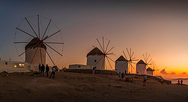 View of the windmills in Mykonos Town at sunset, Mykonos, Cyclades Islands, Greek Islands, Aegean Sea, Greece, Europe