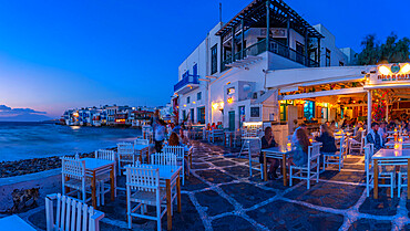 View of restaurants at Little Venice in Mykonos Town at night, Mykonos, Cyclades Islands, Greek Islands, Aegean Sea, Greece, Europe