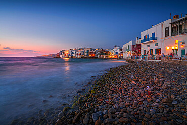 View of restaurants and pebble beach at Little Venice in Mykonos Town at night, Mykonos, Cyclades Islands, Greek Islands, Aegean Sea, Greece, Europe