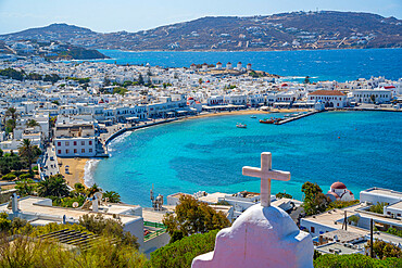 Elevated view of hilltop chapel, flour mills and town, Mykonos Town, Mykonos, Cyclades Islands, Greek Islands, Aegean Sea, Greece, Europe