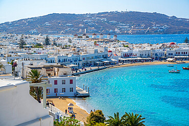 Elevated view of flour mills and town, Mykonos Town, Mykonos, Cyclades Islands, Greek Islands, Aegean Sea, Greece, Europe