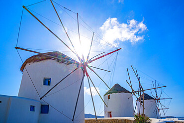 View of windmills, Mykonos Town, Mykonos, Cyclades Islands, Greek Islands, Aegean Sea, Greece, Europe