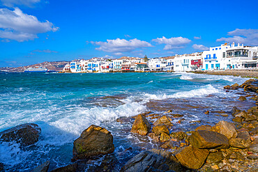 View of rocky beach and restaurants in Little Venice, Mykonos Town, Mykonos, Cyclades Islands, Greek Islands, Aegean Sea, Greece, Europe