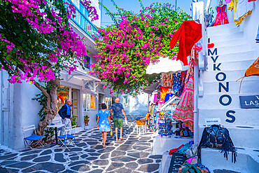 View of whitewashed narrow street with shops and cafes, Mykonos Town, Mykonos, Cyclades Islands, Greek Islands, Aegean Sea, Greece, Europe