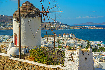 Elevated view of windmills and town, Mykonos Town, Mykonos, Cyclades Islands, Greek Islands, Aegean Sea, Greece, Europe