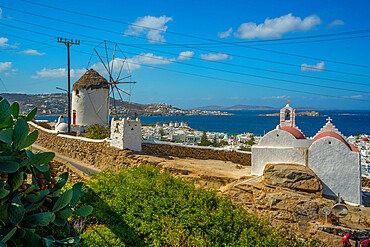 Elevated view of windmills and town, Mykonos Town, Mykonos, Cyclades Islands, Greek Islands, Aegean Sea, Greece, Europe