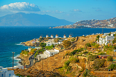 View of the windmills and town from elevated position, Mykonos Town, Mykonos, Cyclades Islands, Greek Islands, Aegean Sea, Greece, Europe