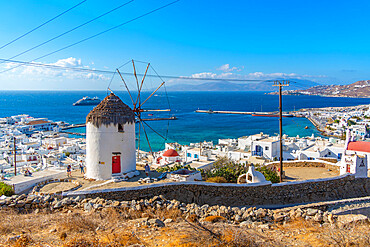 View of windmill and Aegean Sea, Mykonos Town, Mykonos, Cyclades Islands, Greek Islands, Aegean Sea, Greece, Europe