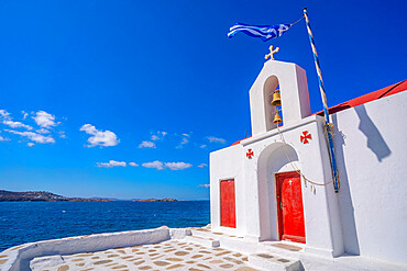 Elevated view of chapel overlooking Aegean Sea, Mykonos Town, Mykonos, Cyclades Islands, Greek Islands, Aegean Sea, Greece, Europe