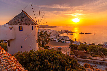 View of windmill overlooking town at golden sunset, Mykonos Town, Mykonos, Cyclades Islands, Greek Islands, Greece, Europe