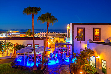 View of cafe at dusk in Marina Rubicon, Playa Blanca, Lanzarote, Canary Islands, Spain, Atlantic, Europe