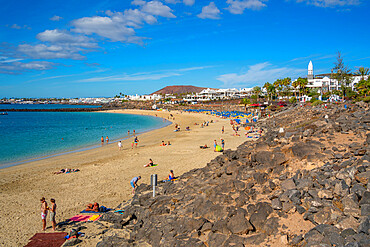 View of hotel overlooking Playa Dorada Beach, Playa Blanca, Lanzarote, Canary Islands, Spain, Atlantic, Europe