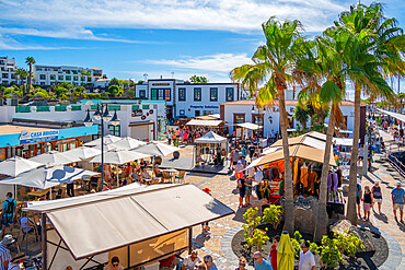 View of flea market stalls in Rubicon Marina, Playa Blanca, Lanzarote, Canary Islands, Spain, Atlantic, Europe