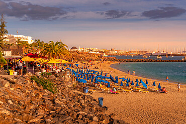 View of hotel and Rubicon Marina overlooking Playa Dorada Beach, Playa Blanca, Lanzarote, Canary Islands, Spain, Atlantic, Europe