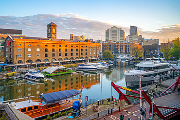 View of St. Katharine Docks from elevated position at sunrise, London, England, United Kingdom, Europe