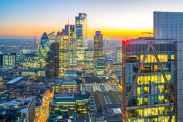 View of City of London skyscrapers at dusk from the Principal Tower, London, England, United Kingdom, Europe