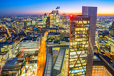 View of City of London skyscrapers at dusk from the Principal Tower, London, England, United Kingdom, Europe