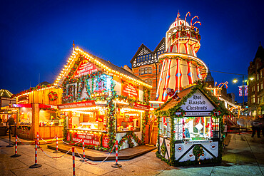 View of Christmas market stalls on Old Market Square, Nottingham, Nottinghamshire, England, United Kingdom, Europe