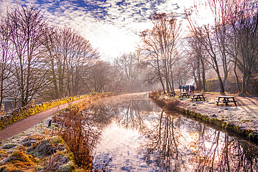 View of mackerel sky and frosty morning at the Cromford Canal, Derbyshire, England, United Kingdom, Europe