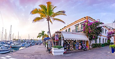 View of cafes and restaurants and palm trees in the Old Port, Puerto de Mogan at sunset, Gran Canaria, Canary Islands, Spain, Atlantic, Europe