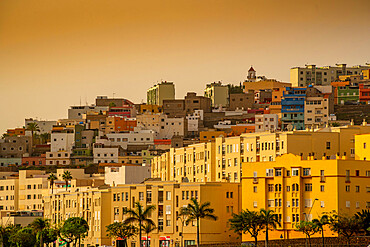 View of colourful houses at sunset in Galdar, Las Palmas, Gran Canaria, Canary Islands, Spain, Atlantic, Europe