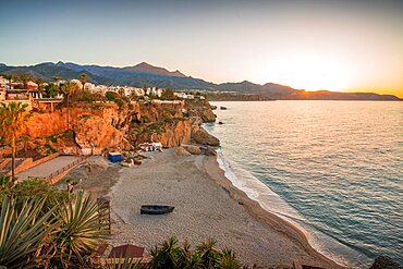 View of Playa de Calahonda beach and coastline at sunrise in Nerja, Costa del Sol, Malaga Province, Andalusia, Spain, Europe